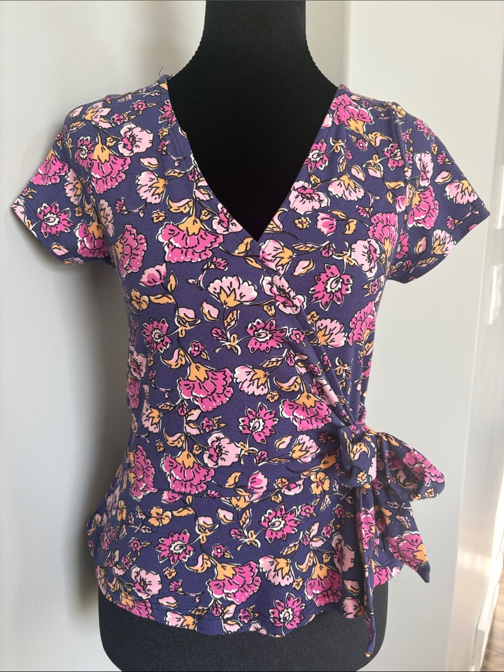 NWOT Rebel Sugar Navy Floral Wrap Top with Pink & Yellow Accents